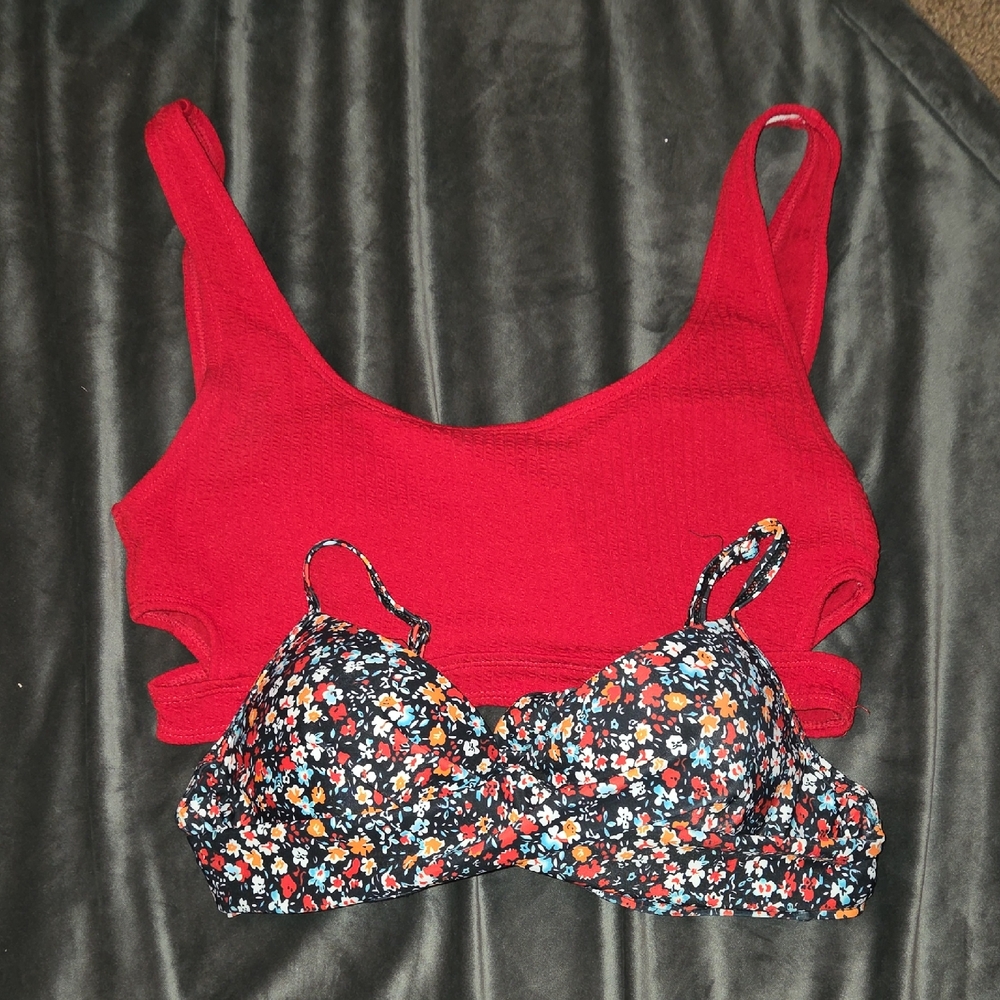 SHEIN Red Ribbed Tank with Black Floral Bralette Set